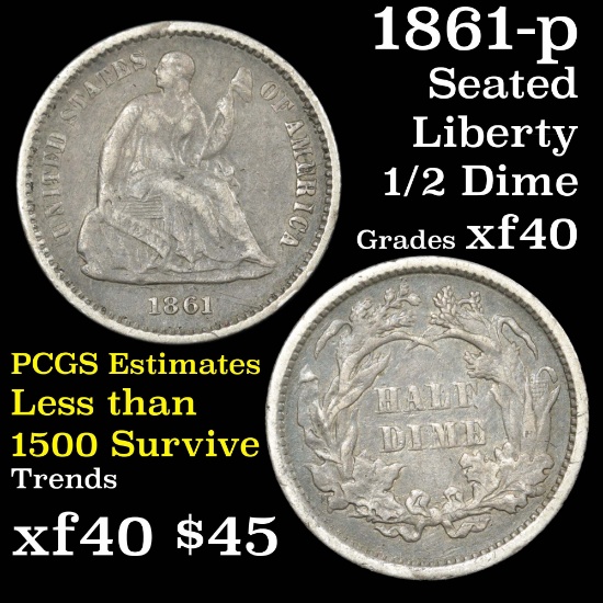 1861-p Seated Liberty Half Dime 1/2 10c Grades xf