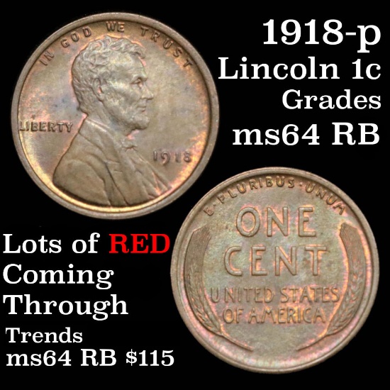 1918-p Lincoln Cent 1c Grades Choice Unc RB