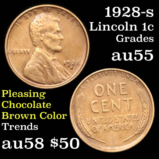 1928-s Lincoln Cent 1c Grades Choice AU