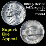 1939-p Rev'38 Jefferson Nickel 5c Grades Choice Unc