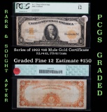 PCGS Series of 1922 $10 Mule Gold Certificate Graded Fine 12 by PCGS