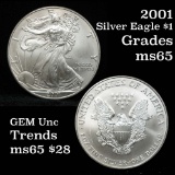 2001 Silver Eagle Dollar $1 Grades GEM Unc