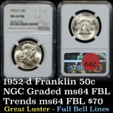 NGC 1952-d Franklin Half Dollar 50c Graded ms64 fbl by NGC