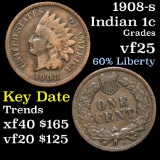 1908-s Indian Cent 1c Grades vf+
