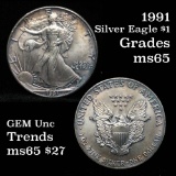 1991 Silver Eagle Dollar $1 Grades GEM Unc