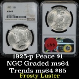 NGC 1925-p Peace Dollar $1 Graded ms64 by NGC