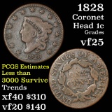 1828 Coronet Head Large Cent 1c Grades vf+