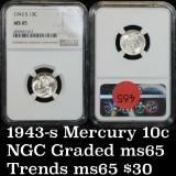 NGC 1943-s Mercury Dime 10c Graded ms65 by NGC