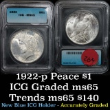 1922-p Peace Dollar $1 Graded ms65 by ICG