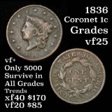 1836 Coronet Head Large Cent 1c Grades vf+