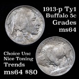 1913-p Ty1 Buffalo Nickel 5c Grades Choice Unc