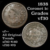 1838 Coronet Head Large Cent 1c Grades vf++