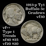 1913-p Ty1 Buffalo Nickel 5c Grades vf++