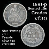 1891-p Seated Liberty Dime 10c Grades vf++