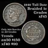 1846 Tall Date Braided Hair Large Cent 1c Grades xf+