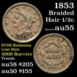 1853 Braided Hair Half Cent 1/2c Grades Choice AU