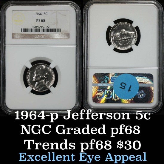 NGC 1964 Jefferson Nickel 5c Graded pr68 by NGC