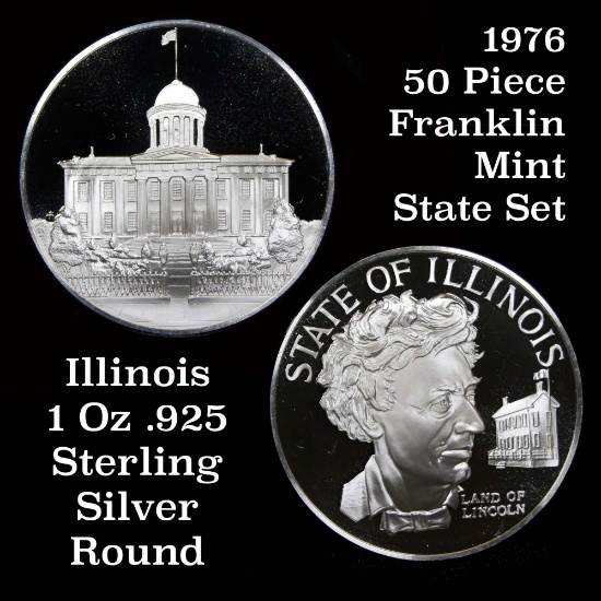 1976 Franklin Mint .925 Fine Sterling Silver Proof Round Illinois 1 oz. Grades