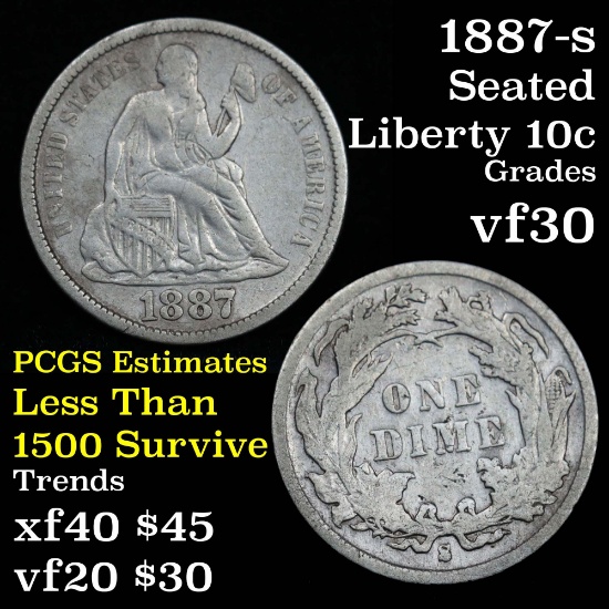 1887-s Seated Liberty Dime 10c Grades vf++