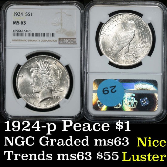 NGC 1924-p Peace Dollar $1 Graded ms63 by NGC