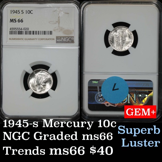 NGC 1945-s Mercury Dime 10c Graded ms66 by NGC