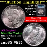 ***Auction Highlight*** 1922-d Peace Dollar $1 Graded ms65 by ICG (fc)