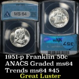 ANACS 1951-p Franklin Half Dollar 50c Graded ms64 by Anacs