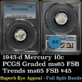 PCGS 1943-d Mercury Dime 10c Graded ms65 fsb by PCGS