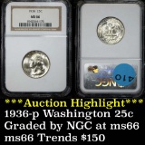 ***Auction Highlight*** NGC 1936-p Washington Quarter 25c Graded ms66 by NGC (fc)
