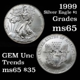 1999 Silver Eagle Dollar $1 Grades GEM Unc