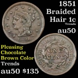 1851 Braided Hair Large Cent 1c Grades AU, Almost Unc