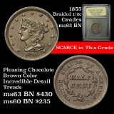 1855 Braided Hair Half Cent 1/2c Graded Select Unc BN by USCG (fc)