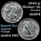 1942-p Walking Liberty Half Dollar 50c Grades Choice AU/BU Slider