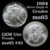 1994 Silver Eagle Dollar $1 Grades GEM Unc