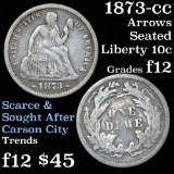 1873-p open 3 Seated Liberty Dime 10c Grades vf+