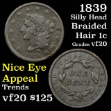 1839 silly head Coronet Head Large Cent 1c Grades vf, very fine