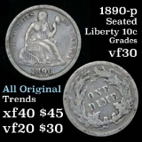 1891-p Seated Liberty Dime 10c Grades vf++