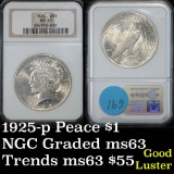 NGC 1925-p Peace Dollar $1 Graded ms63 by NGC