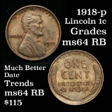 1918-p Lincoln Cent 1c Grades Choice Unc RB