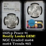 NGC 1925-p Peace Dollar $1 Graded ms64 by NGC