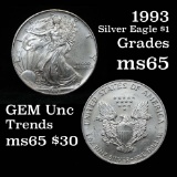 1993 Silver Eagle Dollar $1 Grades GEM Unc