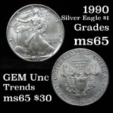 1990 Silver Eagle Dollar $1 Grades GEM Unc