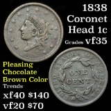 1838 Coronet Head Large Cent 1c Grades vf++