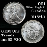 1991 Silver Eagle Dollar $1 Grades GEM Unc