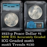 1923-p Peace Dollar $1 Graded ms65 by ICG