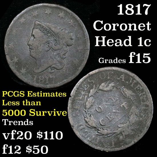 1817 Coronet Head Large Cent 1c rotated die Grades f+ good detail for the grade.