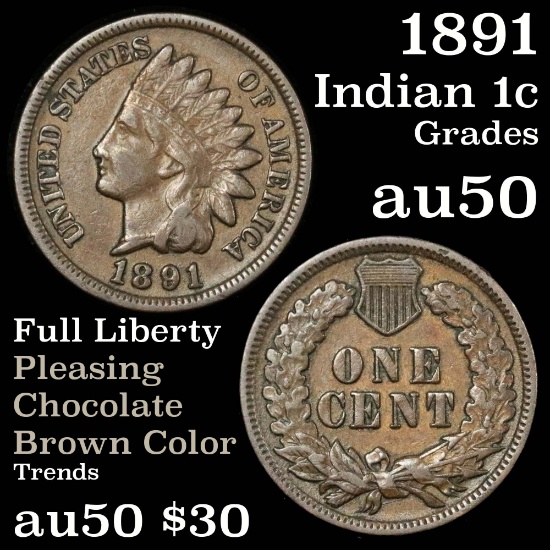 2 diamonds 1891 Indian Cent 1c Pleasing chocolate brown color Grades AU, Almost Unc