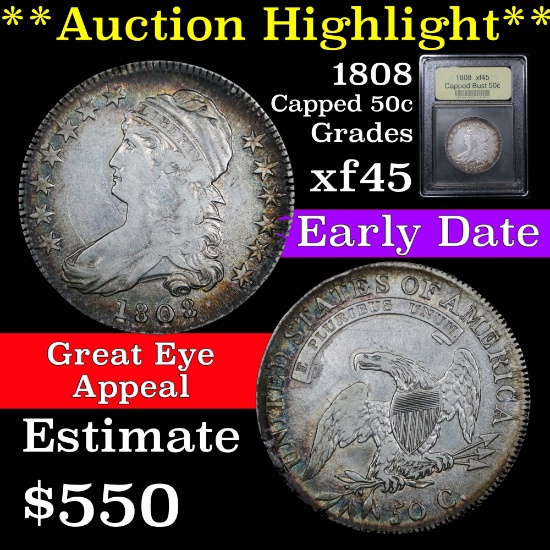***Auction Highlight*** Very early date 1808 Capped Bust Half Dollar 50c Graded xf+ by USCG (fc)