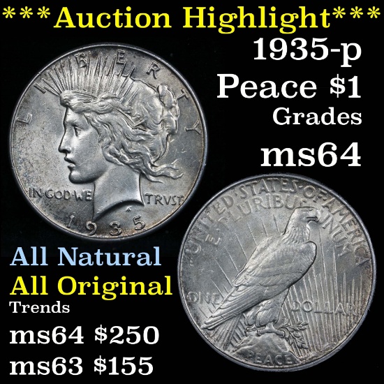 ***Auction Highlight*** Much better Date 1935-p Peace Dollar $1 flashy luster Grades Choice Unc (fc)