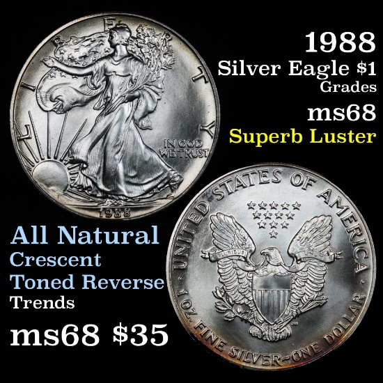 nice rim toning on reverse 1988 Silver Eagle Dollar $1 Grades GEM+++ Unc
